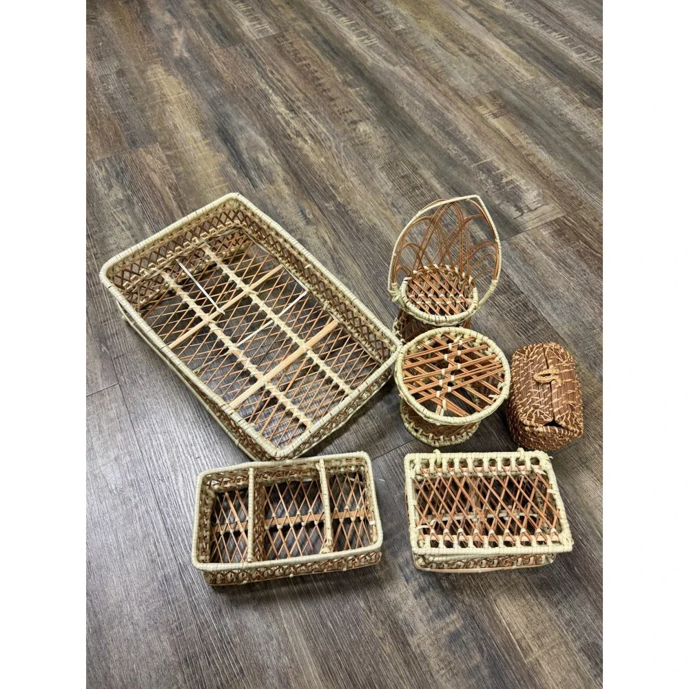 Vintage Wicker Rattan Miniature Furniture Basket Set 6pc Boho Peacock Chair Tray